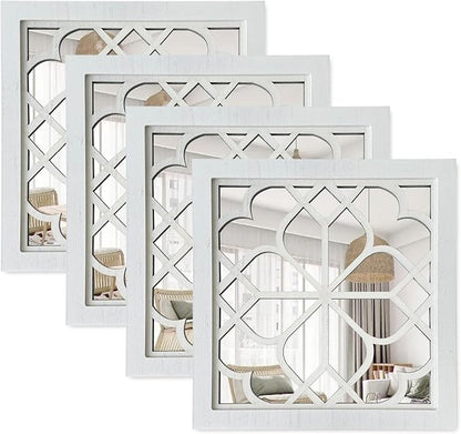 ZEXUIRU Set of 4 Wooden Rustic Square Wall Mirror Vintage Style Decorative Entry Mirror Farmhouse Wall Decoration for Living Room Bedroom Bathroom Kitchen 11.8 * 11.8inch White…