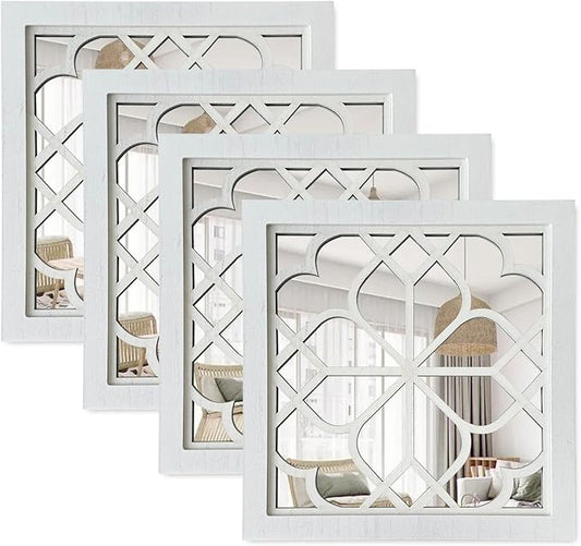 ZEXUIRU Set of 4 Wooden Rustic Square Wall Mirror Vintage Style Decorative Entry Mirror Farmhouse Wall Decoration for Living Room Bedroom Bathroom Kitchen 11.8 * 11.8inch White…