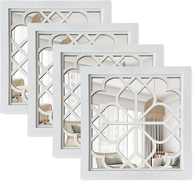 ZEXUIRU Set of 4 Wooden Rustic Square Wall Mirror Vintage Style Decorative Entry Mirror Farmhouse Wall Decoration for Living Room Bedroom Bathroom Kitchen 11.8 * 11.8inch White…
