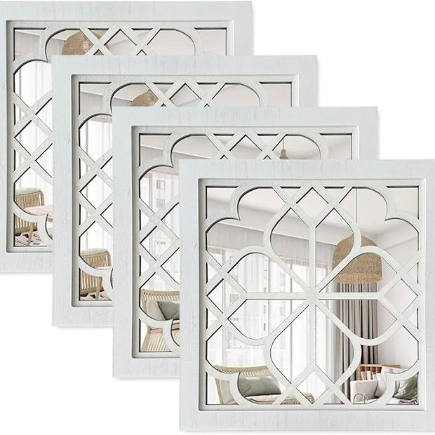 ZEXUIRU Set of 4 Wooden Rustic Square Wall Mirror Vintage Style Decorative Entry Mirror Farmhouse Wall Decoration for Living Room Bedroom Bathroom Kitchen 11.8 * 11.8inch White…