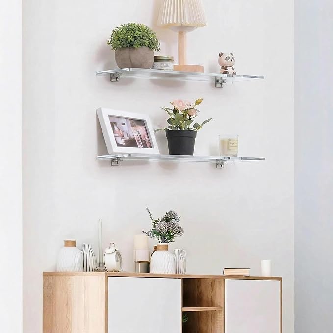iobiotio Small Floating Shelves, 15'' Shelves for Wall, Decorative Floating Shelves for Home Office, Wall Mounted Rack, Clear, 2 Pcs
