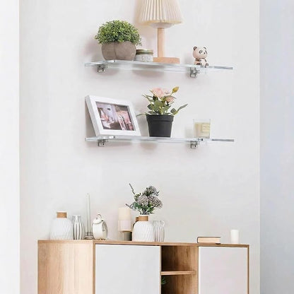 iobiotio Small Floating Shelves, 15'' Shelves for Wall, Decorative Floating Shelves for Home Office, Wall Mounted Rack, Clear, 2 Pcs