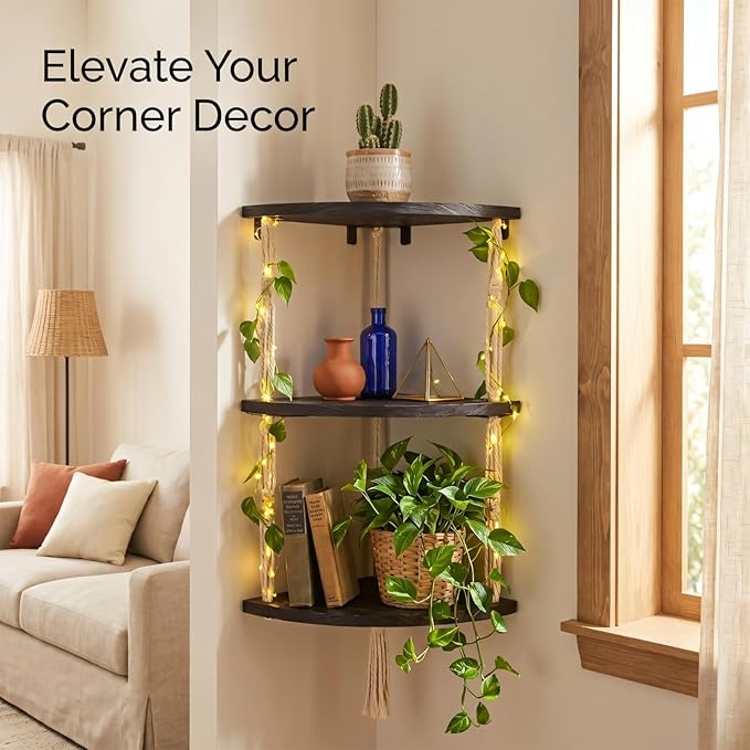 3-Tier Corner Floating Shelves with Aesthetic Greenery & Fairy Lights - Premium Wood-Textured Boho Wall Hanging Shelf - Stable L-Bracket Support for Home Decor, Office & Small Spaces