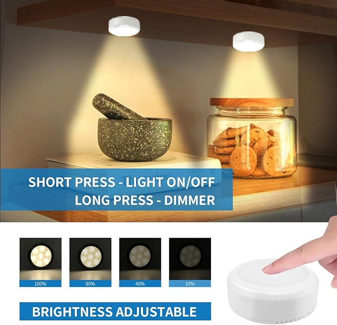 LEASTYLE Puck Lights with Remote,Battery Operated Under Cabinet Lighting with Dimmable Timer, 3000K Stick-On Closet Light Under Counter Lights for Kitchen(White,3 Pack)