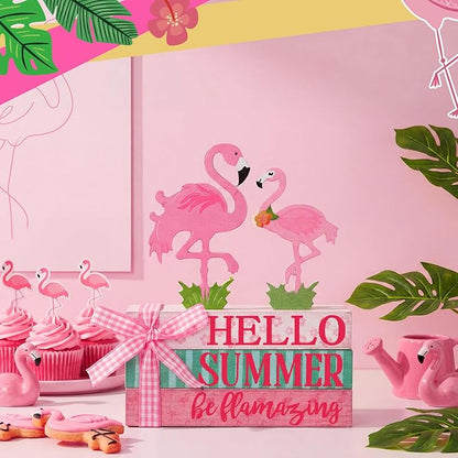Geelin 4 Pcs Flamingo Wooden Book Stack Decor, Summer Faux Books for Home Table Centerpiece, Hello Summer Flamingos Tiered Tray Decorations Rustic Farmhouse Pink Flamingo Decor for Living Room Kitchen