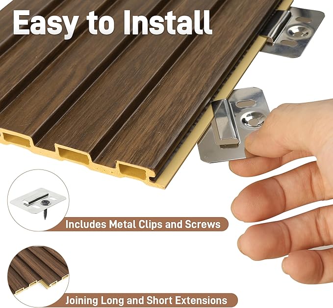 WPC Wainscoting Panels, 16 Packs 54 x 6 Inch 3D Wall Panels for Interior Wall Decor, Living Room, Bedroom, TV Background, Accent Slat Wall Paneling, Light Walnut