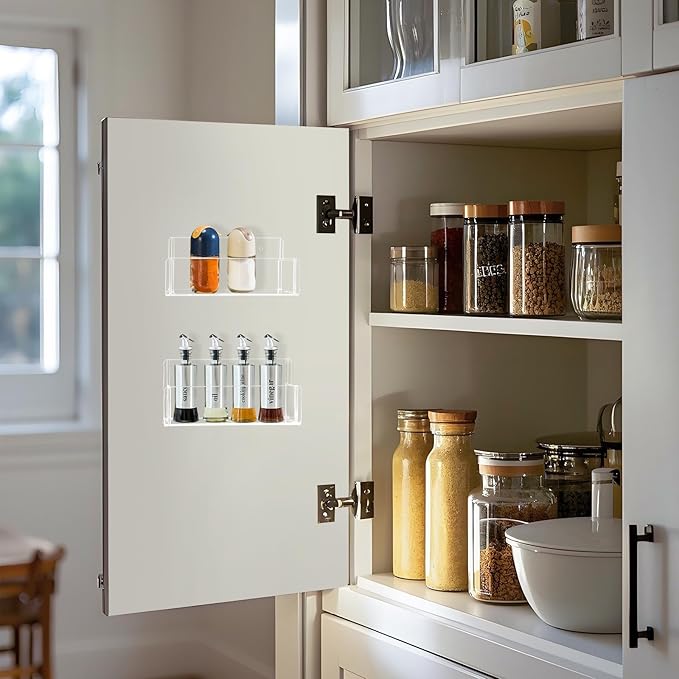 Acrylic Spice Rack Wall Mount-6 Inch, Clear Spice Shelf Storage Holder, 4 Pack Hanging Seasoning Rack Organizer for Cabinet Door, Cupboard or Wall Kitchen (Adhesive or Screw)