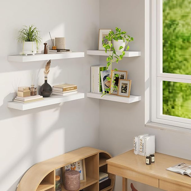 Fun Memories Floating Shelves, 9.3'' Deep Solid Pine Wood Wall Shelves for Storage, Wall Mounted Display Shelf with Invisible Heavy-Duty Metal Bracket, 24'' Width Set of 2, White