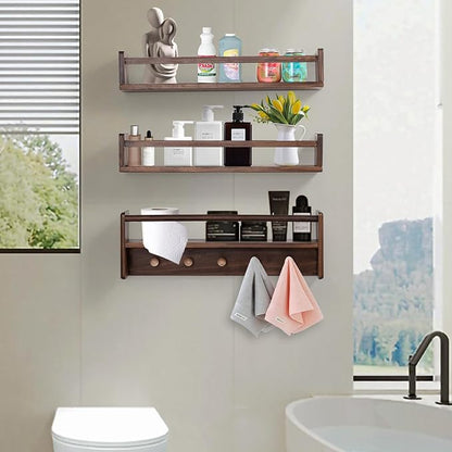 AZSKY 16 Inch Nursery Book Shelves Wall Floating Bookshelf with Hook Deep Walnut Hanging Book Shelf Toddler Room for Kids Room Bedroom Bathroom Living Room Kitchen Set of 3
