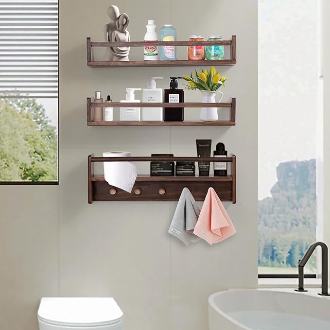AZSKY 16 Inch Nursery Book Shelves Wall Floating Bookshelf with Hook Deep Walnut Hanging Book Shelf Toddler Room for Kids Room Bedroom Bathroom Living Room Kitchen Set of 3