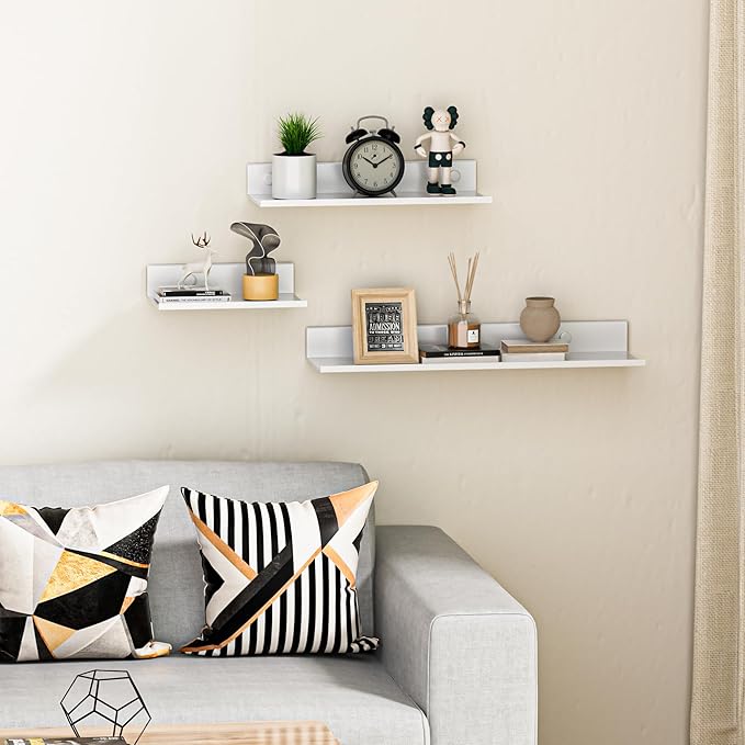 Small Adhesive Wall Shelves Set of 2, White Floating Shelves for Wall 8 Inch, Metal Display Shelf for Living Room, Bderoom, Kitchen, Bathroom, Office Decor