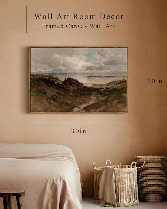 InSimSea Framed Canvas Wall Art Vintage Decor, Seaside Path Wilderness Landscape Paintings Artwork, Large Prints, Vintage Hanging Wall Decorations for Living Room Bedroom Bathroom, 20