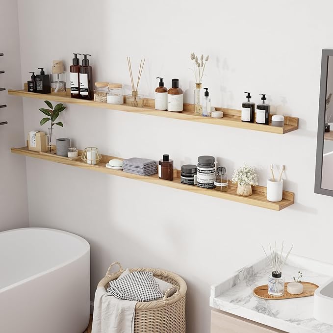 RICHFOCUS Floating Shelves for Wall, 72 inch Solid Wood Picture Ledge Shelf for Wall Storage, Nursery Book Shelves with Lip for Living Room Bathroom Bedroom Kitchen, Set of 2, Natural
