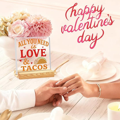 Valentines Desk Decor, Happy Valentine's Day Home Office Table Sign for Porch Tiered Tray Shelf Party, Rustic Romantic Acrylic Gifts Decorations for Him Her Wife, All You Need is Love Tacos