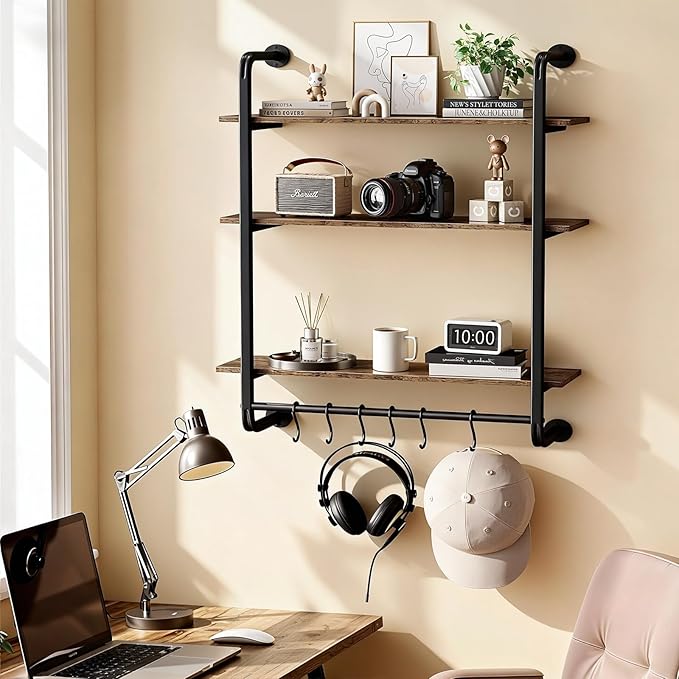 3 Tier Industrial Pipe Shelving, 24" Kitchen Shelves Wall Mounted with 6 Hooks, Coffee Bar Shelves Display Bookshelf Wall Shelf for Bedroom, Bathroom, Home Décor, Rustic Brown