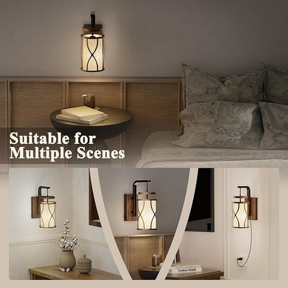 N10-1 Farmhouse Wall Sconces Dimmable Hanging Plug in Wall Lamp Linen Lampshade Metal Base Rustic Hardwired Wall Lighting Sconce Lights for Bedroom Bedside Living Room (Bulb Included)