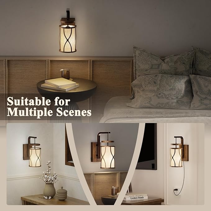 N10-1 Farmhouse Wall Sconces Dimmable Hanging Plug in Wall Lamp Linen Lampshade Metal Base Rustic Hardwired Wall Lighting Sconce Lights for Bedroom Bedside Living Room (Bulb Included)
