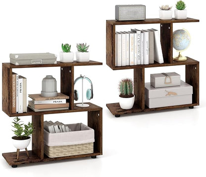 Tangkula 2 Tier Geometric Bookshelf, Freestanding Wood Display Shelf, Home Office Room Divider S Shaped Open Bookcase, Small Bookshelf for Small Spaces, Living Room, Study (Coffee, 2)