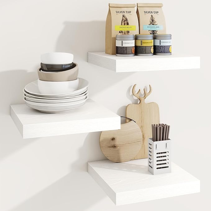 Square Floating Shelves for Wall, 11.5"W x 11.5"D x 1.25"H, 3 Pack Small Wall Mounted Engineered Wood Shelves with Invisible Brackets for Living Room, Bedroom, Bathroom, Kitchen Decor, White