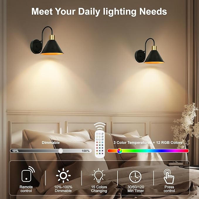 Frideko Rechargeable Battery Operated Wall Sconces Set of Two with Remote, RGB 15 Colors Dimmable Wireless Wall Light, Indoor Battery Powered Wall Lamp with Timer, Modern Wall Lighting for Living Room
