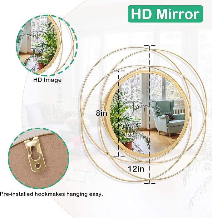 Mirrors for Wall Gold Circular Art Classic Metal Iron Frame Wall Mirror Decor Living Room Bedroom Bathroom Office Farmhouse Entryway Small 12” x 12”