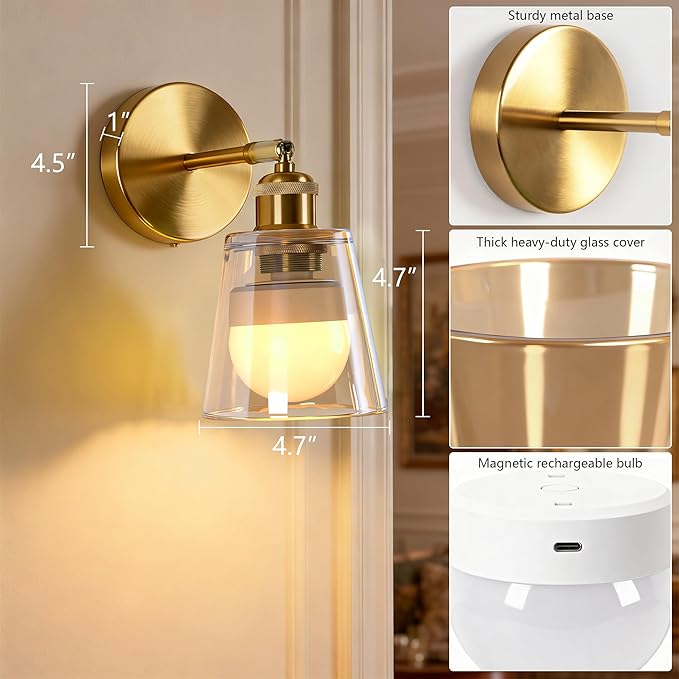 Vintage Battery Operated Wall Sconce with Amber Minimalist Glass Lampshade Rechargeable Battery Powered Wall Light with Remote Control for Bedside Bedroom Bathroom, Set of 1