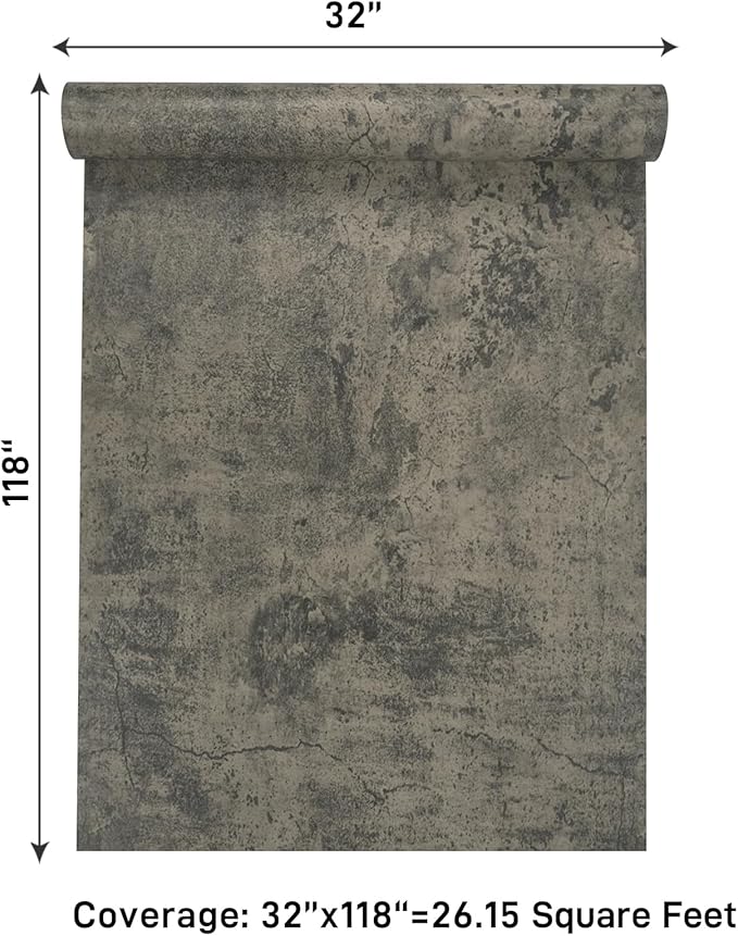 VaryPaper 32''x118'' Cracked Concrete Wallpaper Peel and Stick Grey Textured Wallpaper Cement Contact Paper Self Adhesive Waterproof Thick Concrete Wall Paper Roll for Bedroom Countertops Fireplace