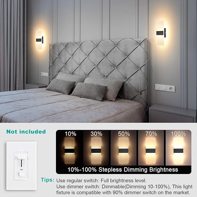 TRLIFE Dimmable LED Wall Sconces, Modern Wall Sconces Set of 2 Wall Mounted Lights 12W 3000K Warm White Hardwired Wall Sconce Lighting for Bedroom Bedside Bathroom Living Room Stairway(2 Pack, Black)