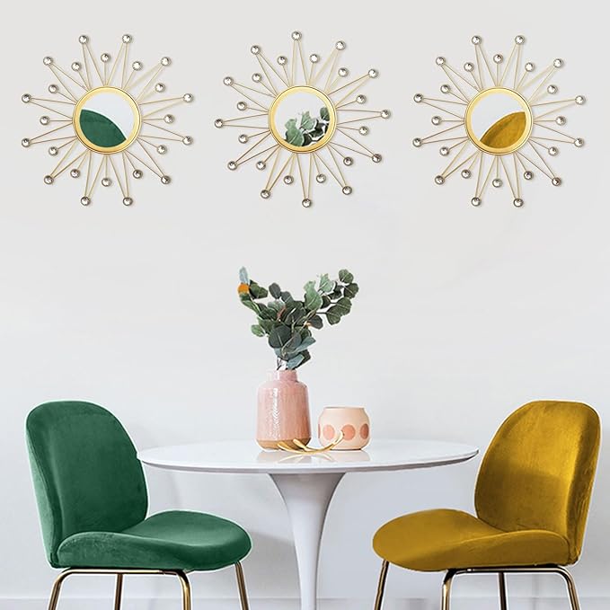 Uaussi 3 Pack Crystal Sunburst Wall Mirror Décor Rhinestone Mirrors Decorative Home Wall Art for Living Room Bedroom Entryway (Triangle Burst Gold)