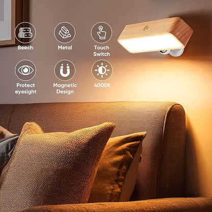 Wood Wall Sconces Battery Operated, Rechargeable Wall Lights Battery Operated, Stick On Wall Mounted lamp Bedside Reading for Bedroom, Stepless Dimmable Wall Lamps for Living Room