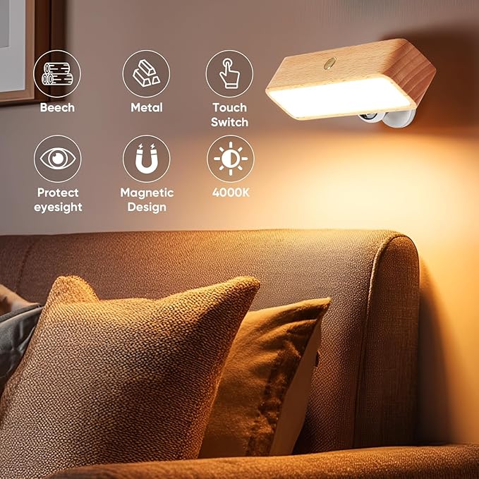 Wood Wall Sconces Battery Operated, Rechargeable Wall Lights Battery Operated, Stick On Wall Mounted lamp Bedside Reading for Bedroom, Stepless Dimmable Wall Lamps for Living Room