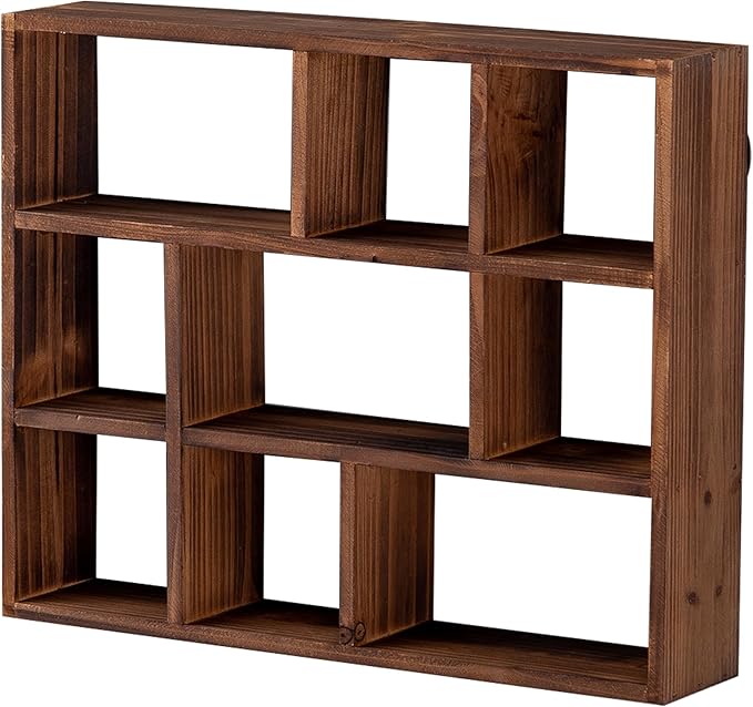 SOFE Small Brown Wood Shadow Box with Shelves, 3 Tier Wall Shelving Unit, 9-Compartment Wall Mounted Curio Cabinet, Knick Knack Display Shelf, Floating Cube Shelves for Walls, Shot Glass Display Case
