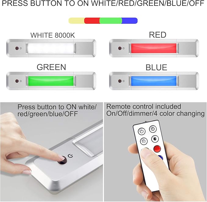 BIGMONAT Under Cabinet Lights with 4 Color Changing,Remote Bar Light Battery |Stick on Counter Shelf Closet Light with Brightness Dimmable and Timer Indoor for Cabinet Closet Kitchen Stair
