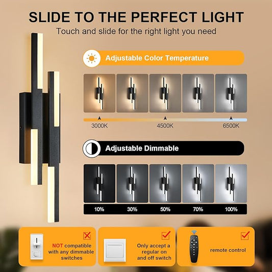 Modern LED Vanity Lights Set of 2, Black Wall Sconce with Remote Control Dimmable Indoor Wall Light Bedside Remote Sconce for Bedroom Bathroom Living Dining Room (2 Pack H19.7’’)