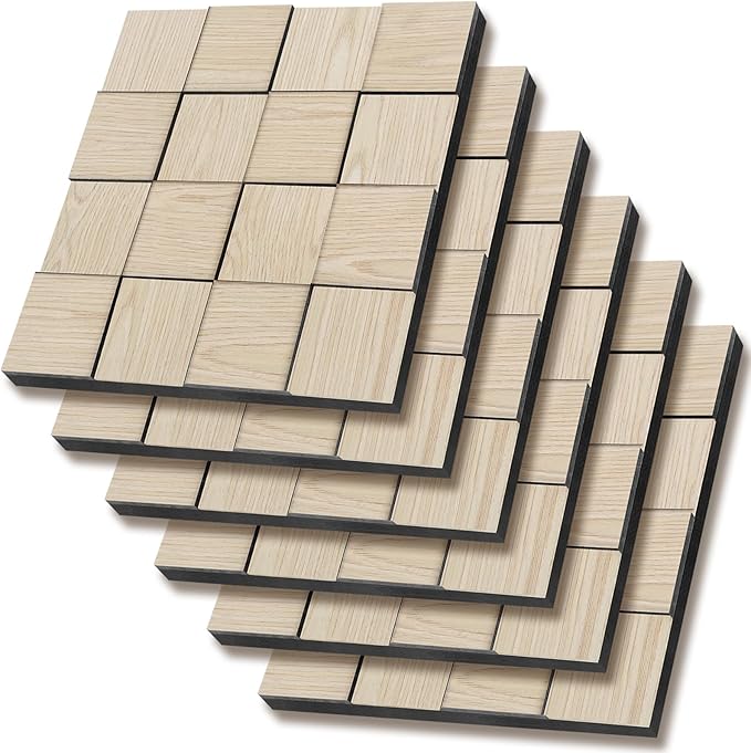 Checkerboard Acoustic Wall Panels – 6 Pack Natural Ash 3D Sound Absorbing Wall Panels 15.7” x 15.7” for Home & Apartment Interior Design, Checker Pattern Soundproof Decor Panels