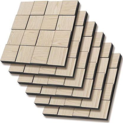 Checkerboard Acoustic Wall Panels – 6 Pack Natural Ash 3D Sound Absorbing Wall Panels 15.7” x 15.7” for Home & Apartment Interior Design, Checker Pattern Soundproof Decor Panels