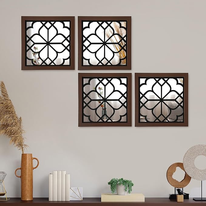 ZEXUIRU Set of 4 Wooden Rustic Square Wall Mirror Vintage Style Decorative Entry Mirror Farmhouse Wall Decoration for Living Room Bedroom Bathroom Kitchen 11.8 * 11.8inch Walnut…