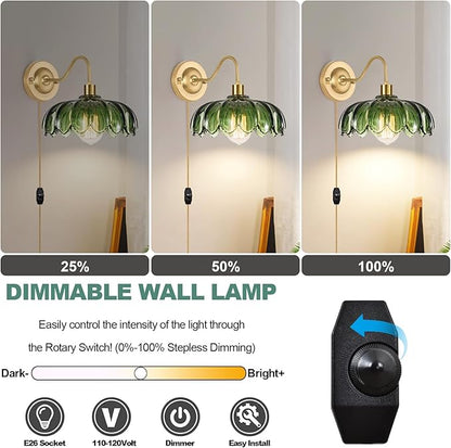 Vintage Plug in Wall Sconces Set of Two,Dimmable Wall Sconces Lamp with Plug in Cord & Flower Glass Lampshade,Gold Sconces Wall Decor Set of 2 Plug in Wall Lights Sconces for Bedroom