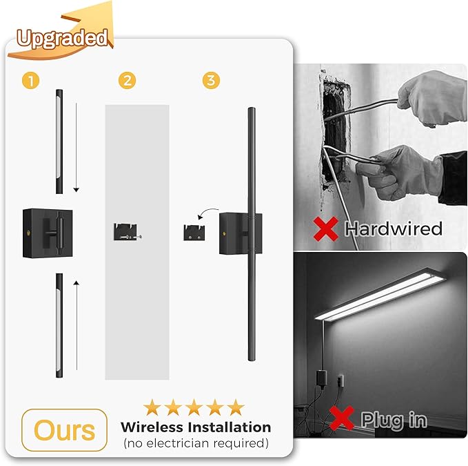 L LOHAS LED Battery Operated Wall Sconces Set of 2, Battery Wall Sconce 10000mAh, Black Rechargeable Sconces 3CCT, 23.7 Inch Wireless Wall Lights, Sconce Wall Decor for Bedroom, Living Room