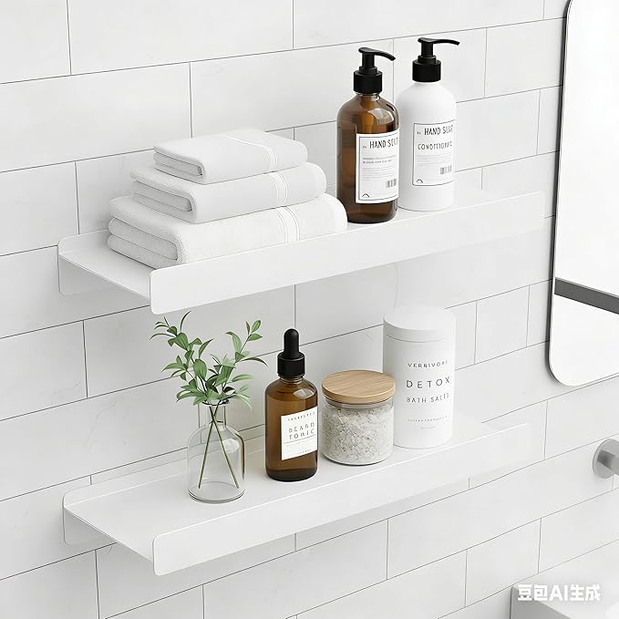 Small Shelves for Wall, Metal Floating Shelves Wall Mounted with Lip for Storage No Wobble, Heavy Duty Wall Shelves for Bathroom/Kitchen/Bedroom/Small Spaces, White 12 inch 2 Pack