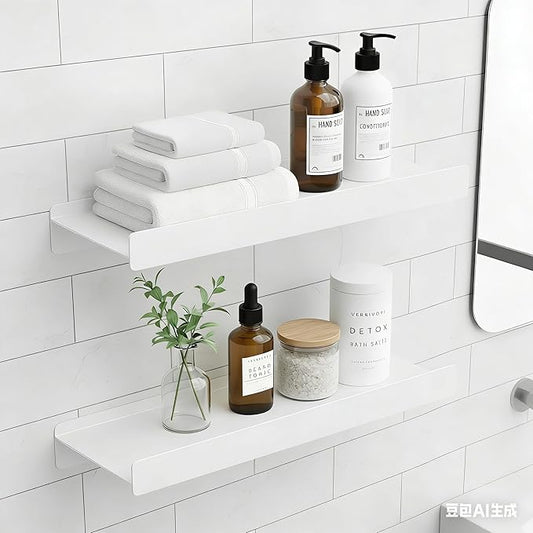 Small Shelves for Wall, Metal Floating Shelves Wall Mounted with Lip for Storage No Wobble, Heavy Duty Wall Shelves for Bathroom/Kitchen/Bedroom/Small Spaces, White 12 inch 2 Pack