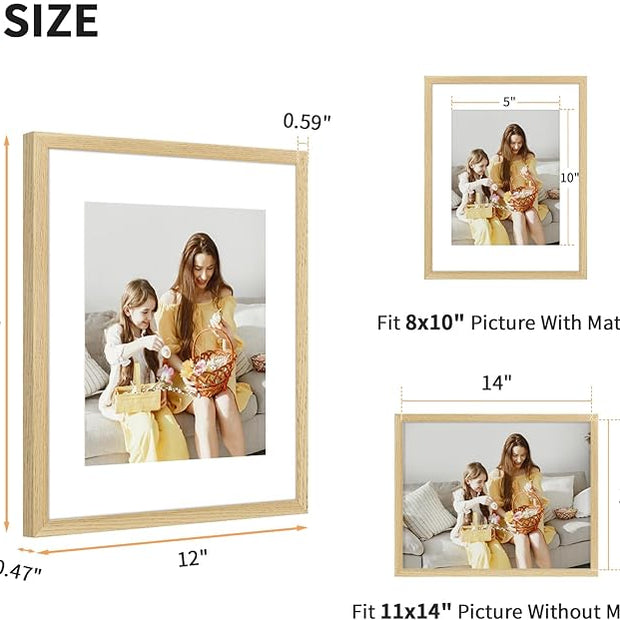 ATOBART 11x14 Picture Frame Set of 4, Displays 8x10 with Mat or 11x14 Without Mat, Photo Frames for Wall Hanging or Tabletop, Includes HD Plexiglass, Natural Wood Grain