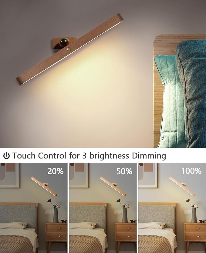 Chilvane Wall Lights for Bedroom Battery Operated Wall Sconce Lamp Vanity Light Magnetic Aesthetic Wooden Big Capacity 2000mah Wireless Rechargeable Wall Lights for Living Room,Beech Wood