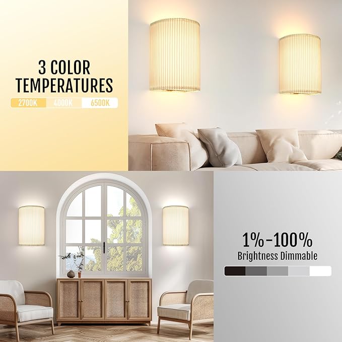 Battery Operated Wall Sconces Set of 2, 5000mAh Rechargeable RGB Wall Lamp with Remote, 3 Colors 10 Levels Brightness Wireless Sconces Wall Decor Set of 2 with Timer for Bedroom Living Room…