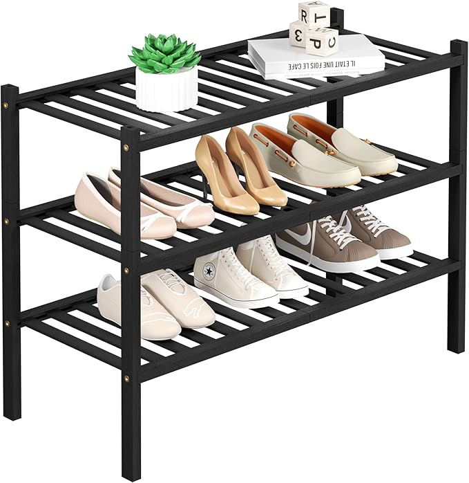 3 Tier Bamboo Shoe Rack for Closet Free Standing Wood Shoe Shelf Storage Organizer for Entryway Small Space Stackable 27