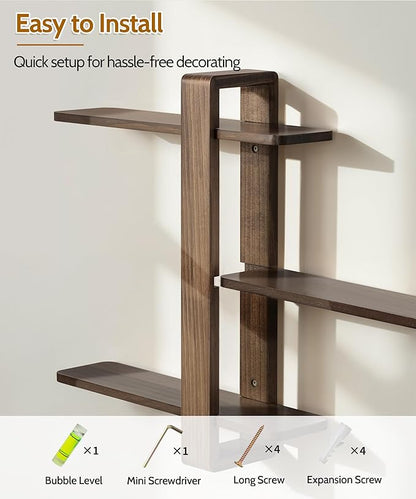SUMGAR Floating Shelves for Wall Walnut Mounted Shelf Unit for Living Room Bedroom Bathroom Mid Century Modern Decorative Storage Plant Photo Display Home Decor 3 Tier Large 20in All Pine