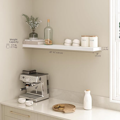 Ballucci Floating Shelf, 48" Wood Wall Shelf with Invisible Brackets for Bathroom, Living Room, Bedroom, Kitchen, Nursery, 8" Deep, White