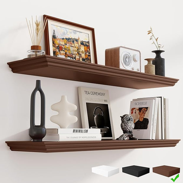Fun Memories Floating Shelves 36 Inch Long, 9.3 Inch Deep Classic Crown Molding Floating Shelves for Wall, Rustic Wooden Shelves for Wall Decor Bathroom, Kitchen, Office, (Walnut, 2Pack)