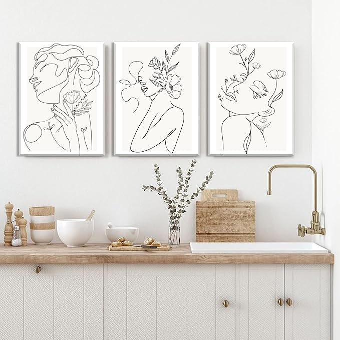yulihaz Minimalist Woman Flower Line Wall Art Large Framed 16x24 inch Set of 3 Neutral Modern Abstract Black and White Girl Plant Canvas Painting Print Picture Decor for Bedroom Living Room