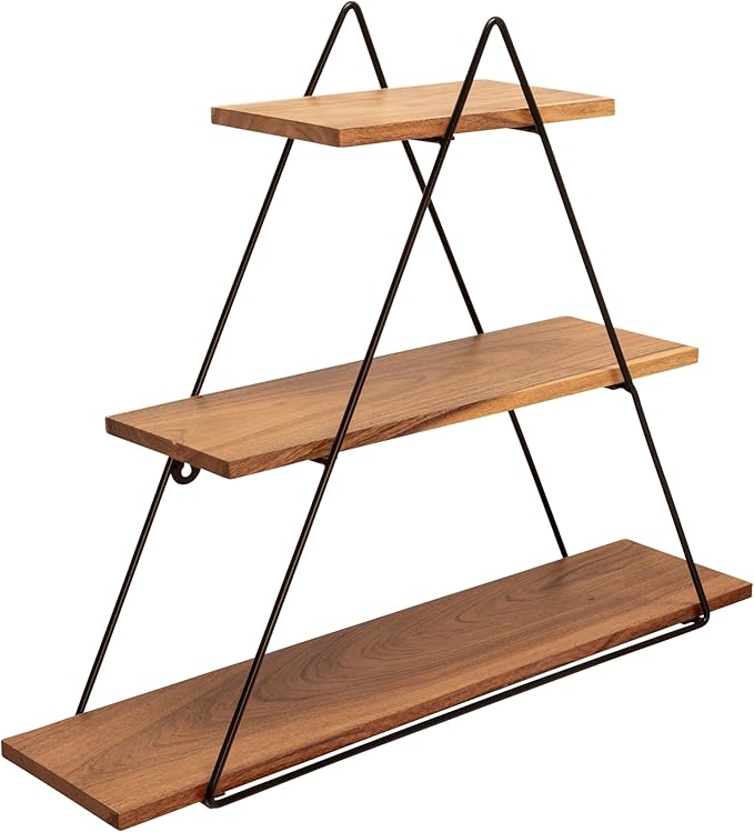 Triangle Decorative Wall Shelf – 3-Tier Metal & Wood Home Decor Floating Display Shelf – Modern Wall Shelves for Bathroom, Bedroom & Living Room – Brown & Black, 20